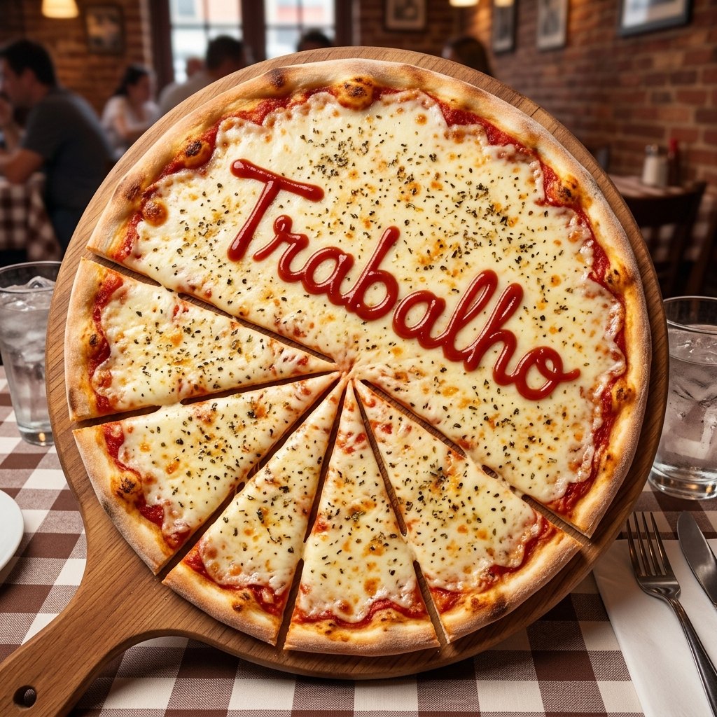 Pizza com a palavra Trabalho escrita em molho, parte dela fatiada em seis pedaços sobre uma mesa